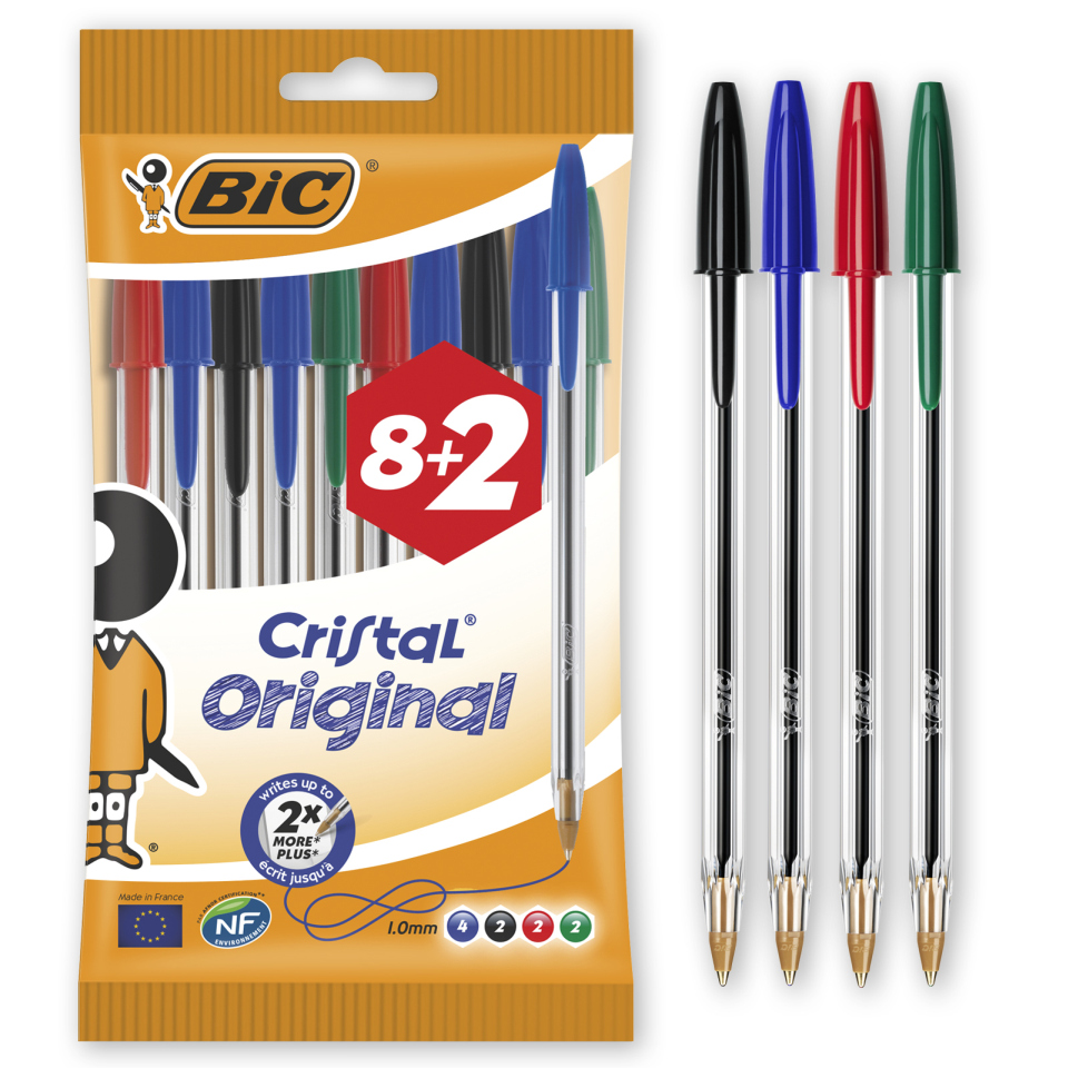 BIC Στυλό Cristal Original 1.0mm Διάφορα Χρώματα 8+2 Τεμάχια